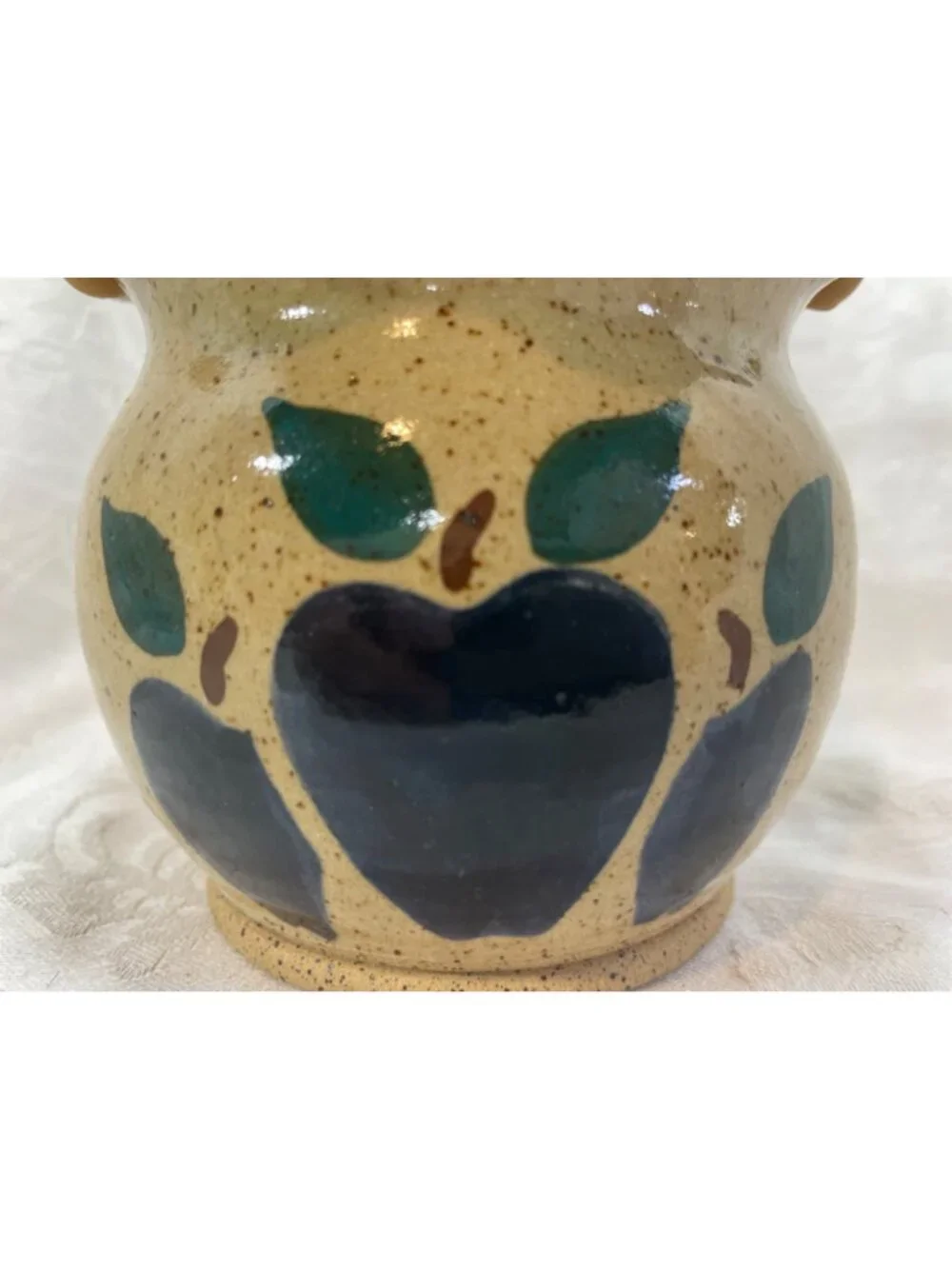 Three Rivers Pottery Basket Wooden Handle Handpainted Blue Apples 1993